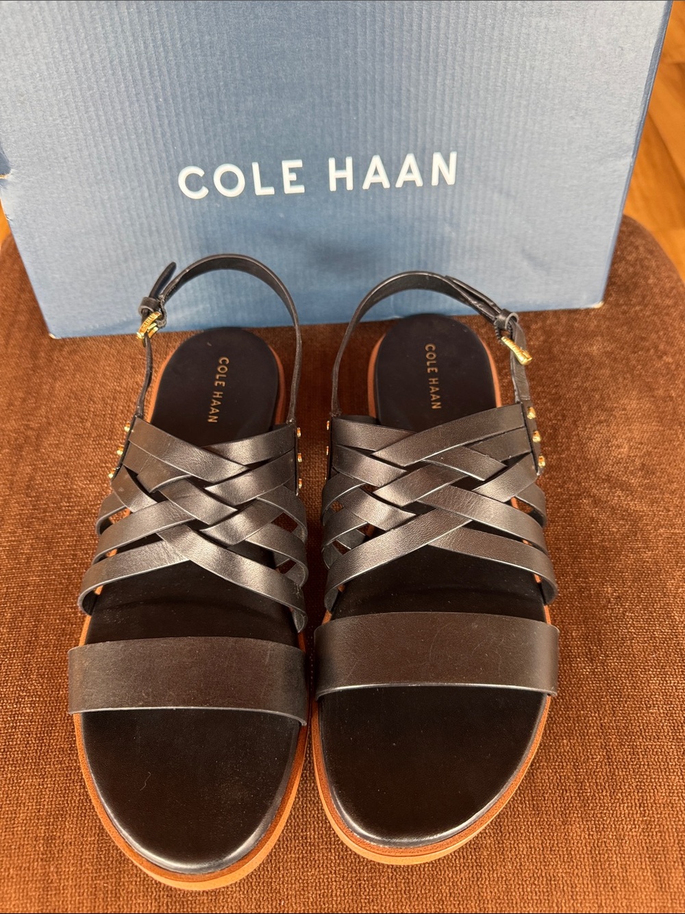 Cole Haan Black Leather Woven Slingback Sandals with Gold Buckle